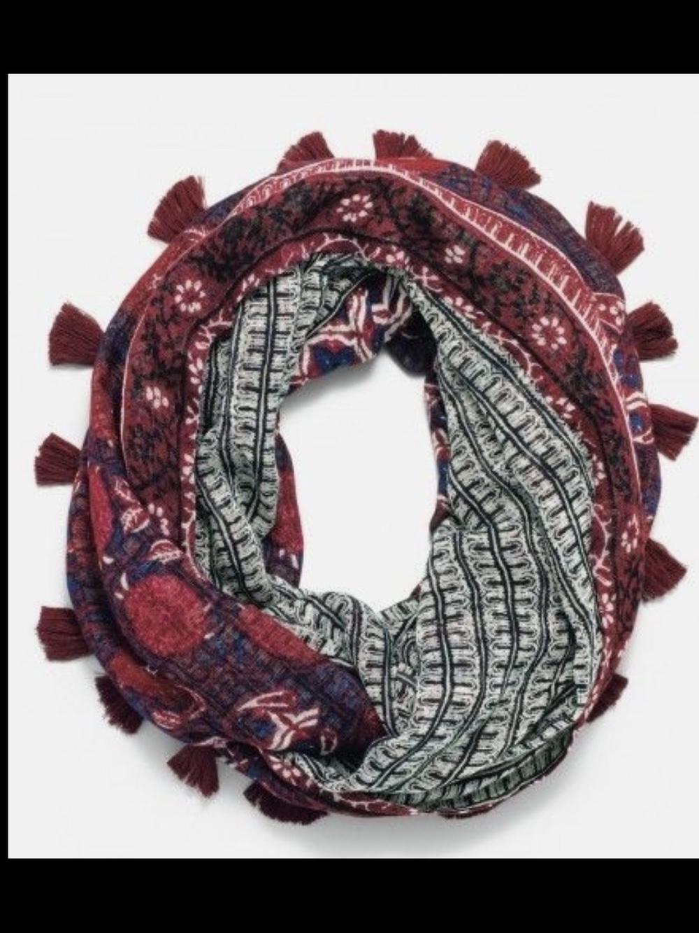 Stella & Dot Burgundy and Navy Patterned Tassel Infinity Scarf